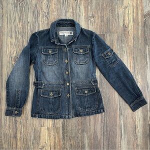 Vtg Maurices Jean Jacket Womens Small Dark Wash Blue Denim Pockets Buckles Y2K